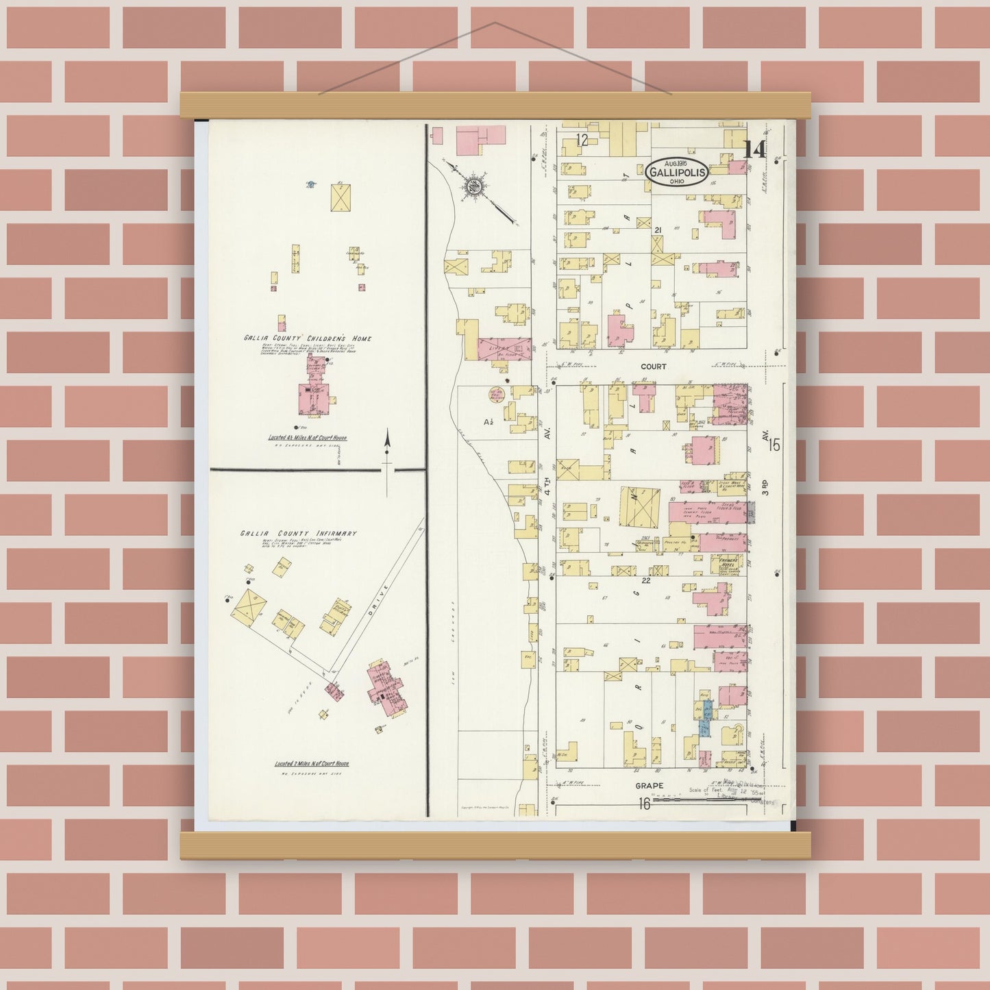 Old map wall art mockup — magnetic wood frame on brick wall — Sanborn Fire Insurance Map from Gallipolis, Gallia County, Ohio (1916), Sheet #0014