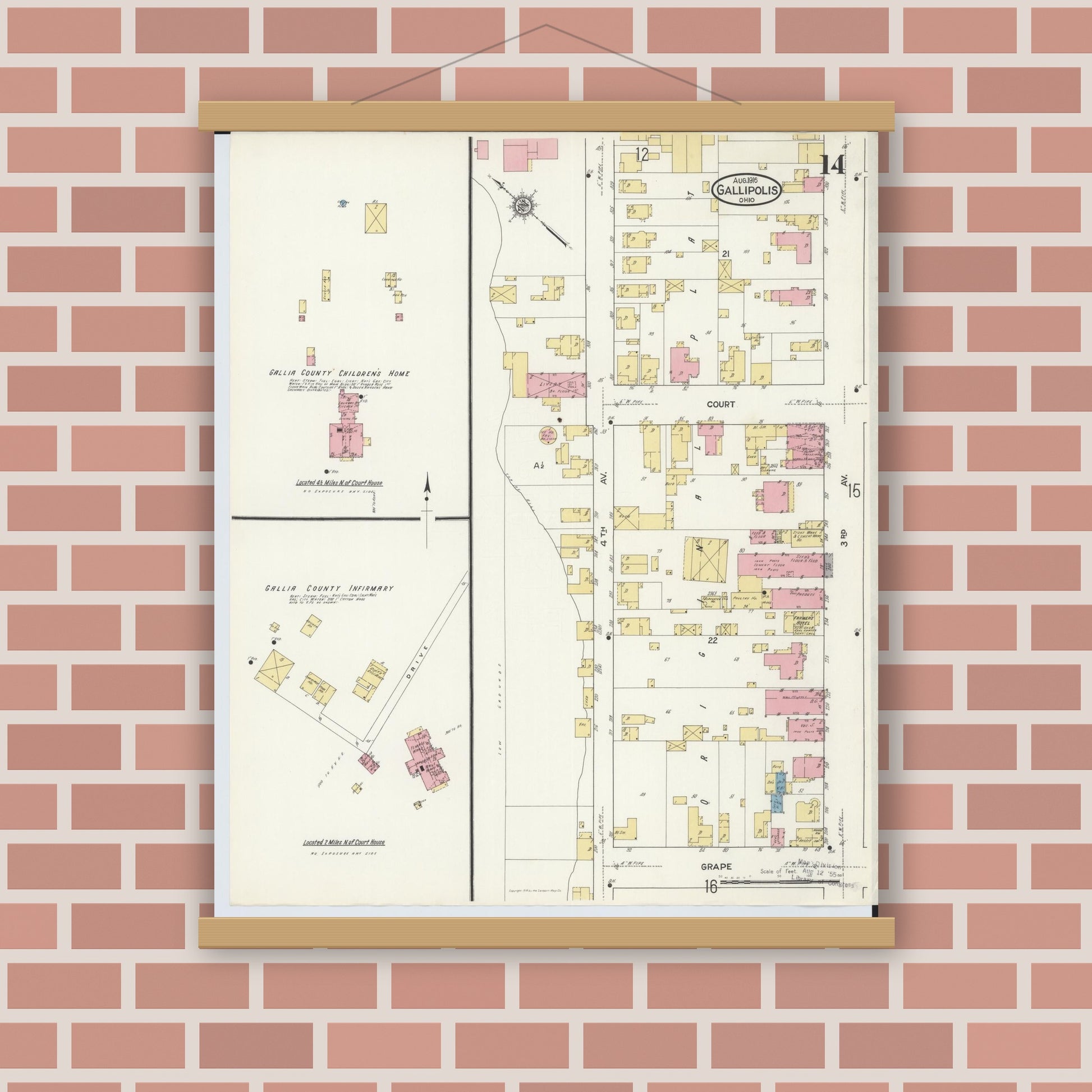 Old map wall art mockup — magnetic wood frame on brick wall — Sanborn Fire Insurance Map from Gallipolis, Gallia County, Ohio (1916), Sheet #0014