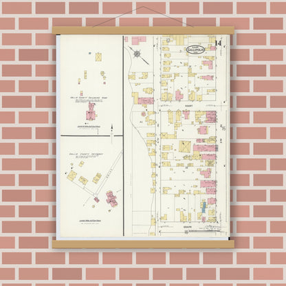 Old map wall art mockup — magnetic wood frame on brick wall — Sanborn Fire Insurance Map from Gallipolis, Gallia County, Ohio (1916), Sheet #0014