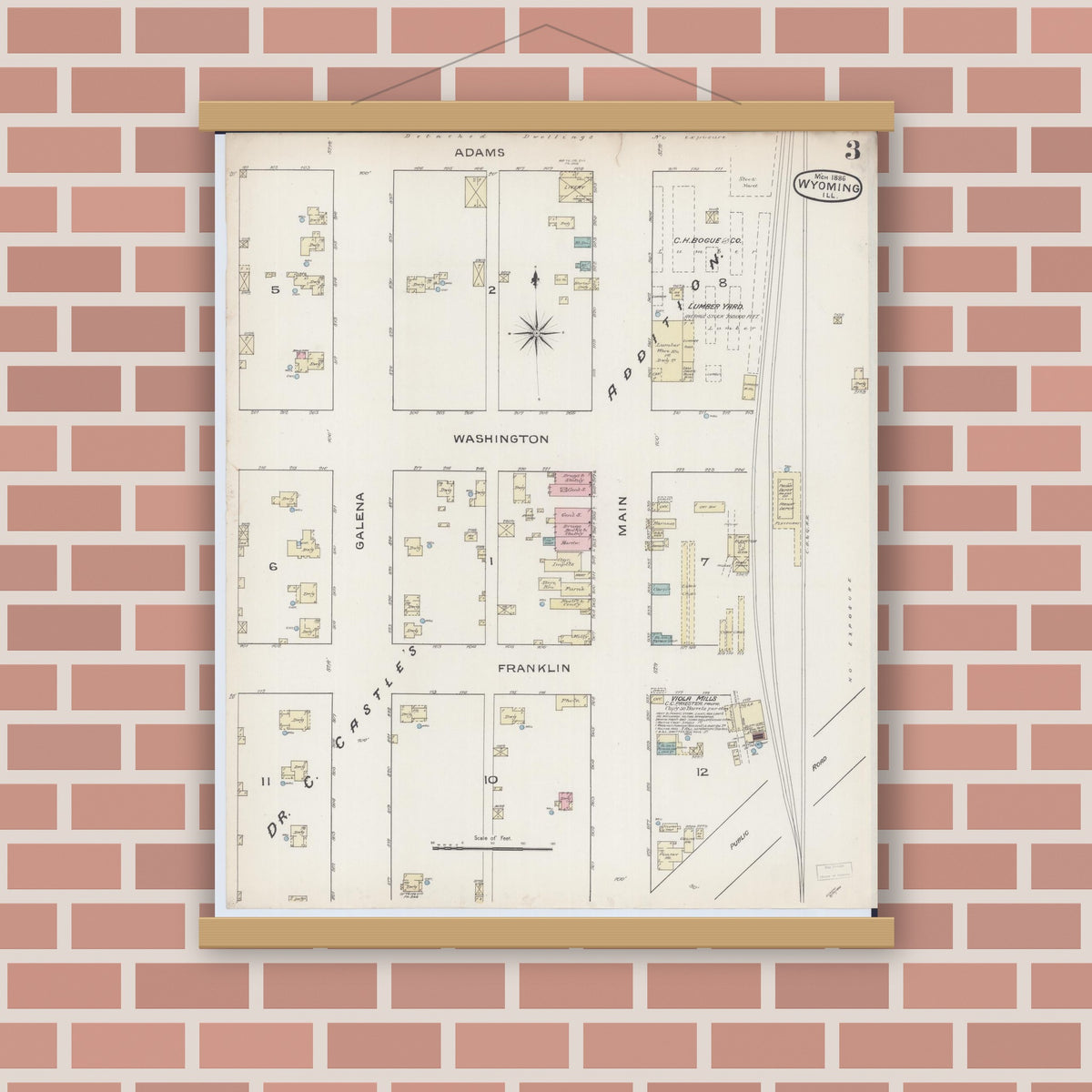 Old map wall art mockup — magnetic wood frame on brick wall — Sanborn Fire Insurance Map from Wyoming, Stark County, Illinois (1886), Sheet #0003