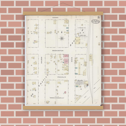Old map wall art mockup — magnetic wood frame on brick wall — Sanborn Fire Insurance Map from Wyoming, Stark County, Illinois (1886), Sheet #0003