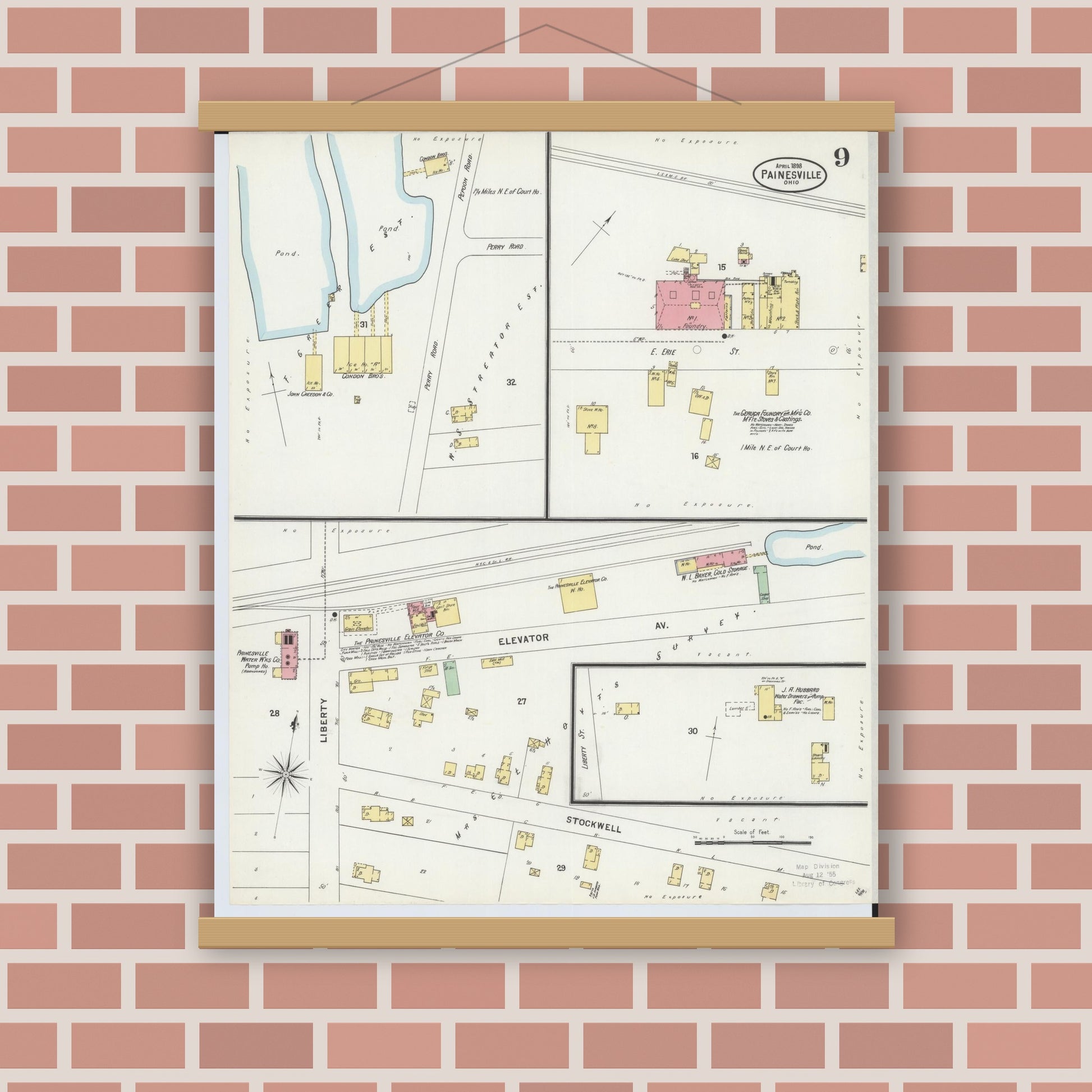 Old map wall art mockup — magnetic wood frame on brick wall — Sanborn Fire Insurance Map from Painesville, Lake County, Ohio (1898), Sheet #0009