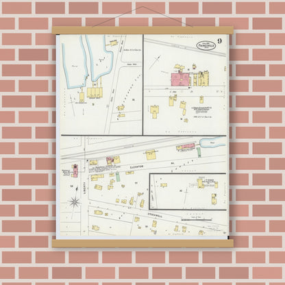 Old map wall art mockup — magnetic wood frame on brick wall — Sanborn Fire Insurance Map from Painesville, Lake County, Ohio (1898), Sheet #0009