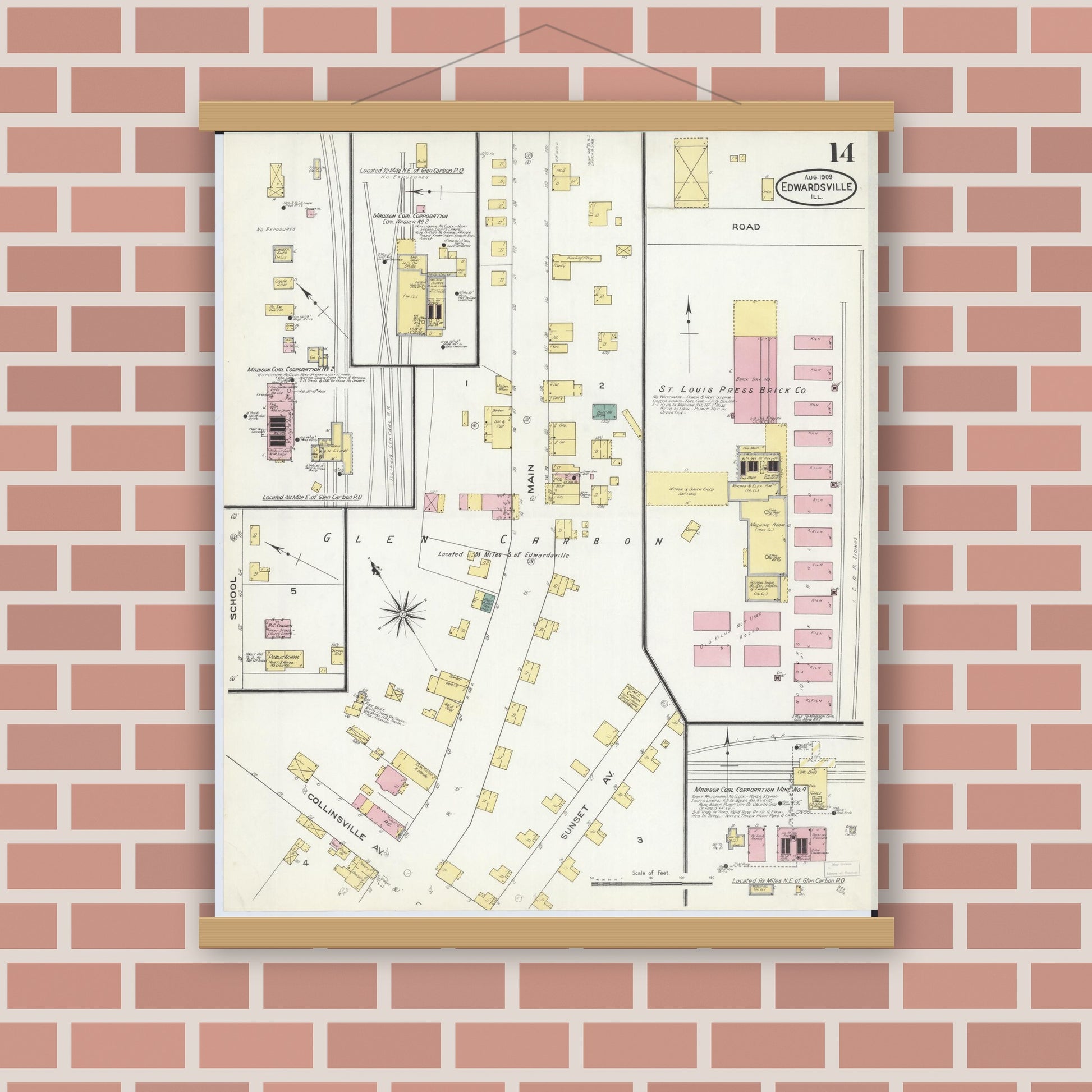Old map wall art mockup — magnetic wood frame on brick wall — Sanborn Fire Insurance Map from Edwardsville, Madison County, Illinois (1909), Sheet #0014