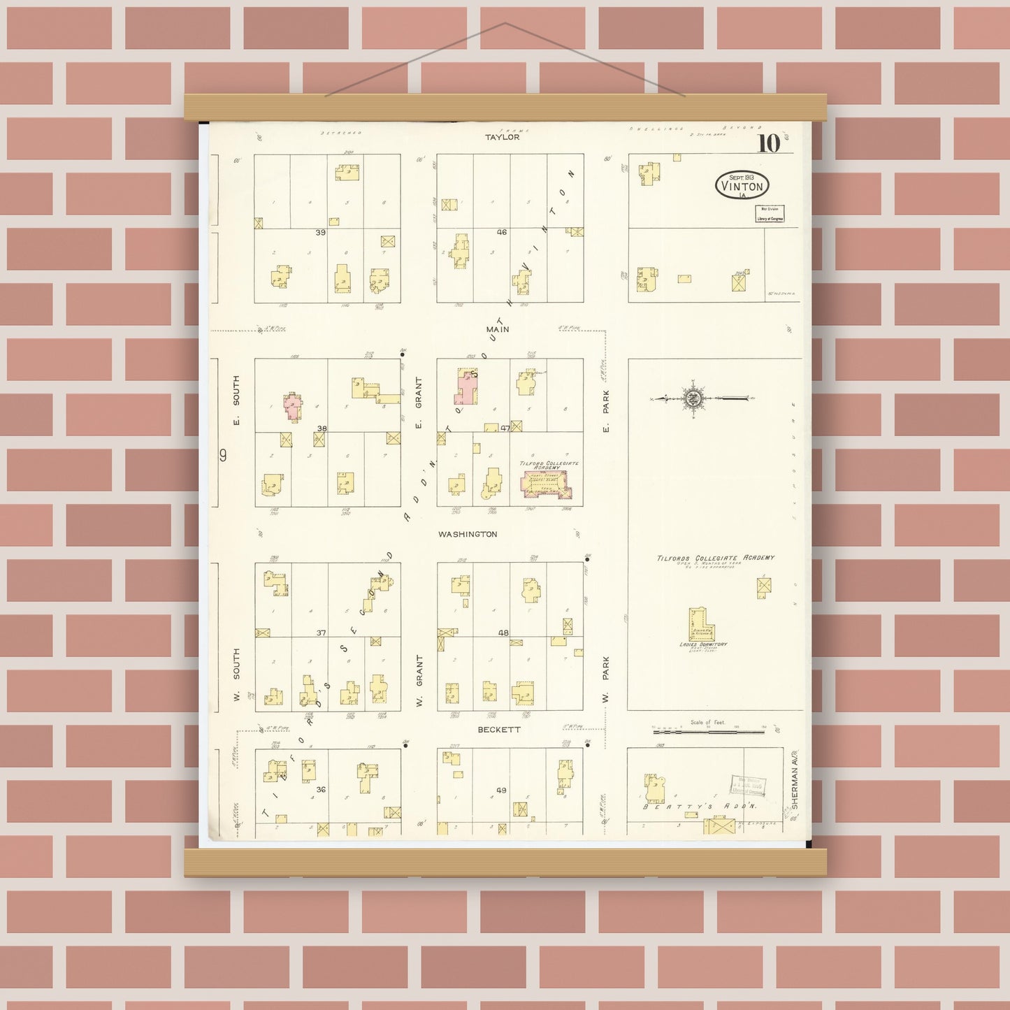 Old map wall art mockup — magnetic wood frame on brick wall — Sanborn Fire Insurance Map from Vinton, Benton County, Iowa (1913), Sheet #0010