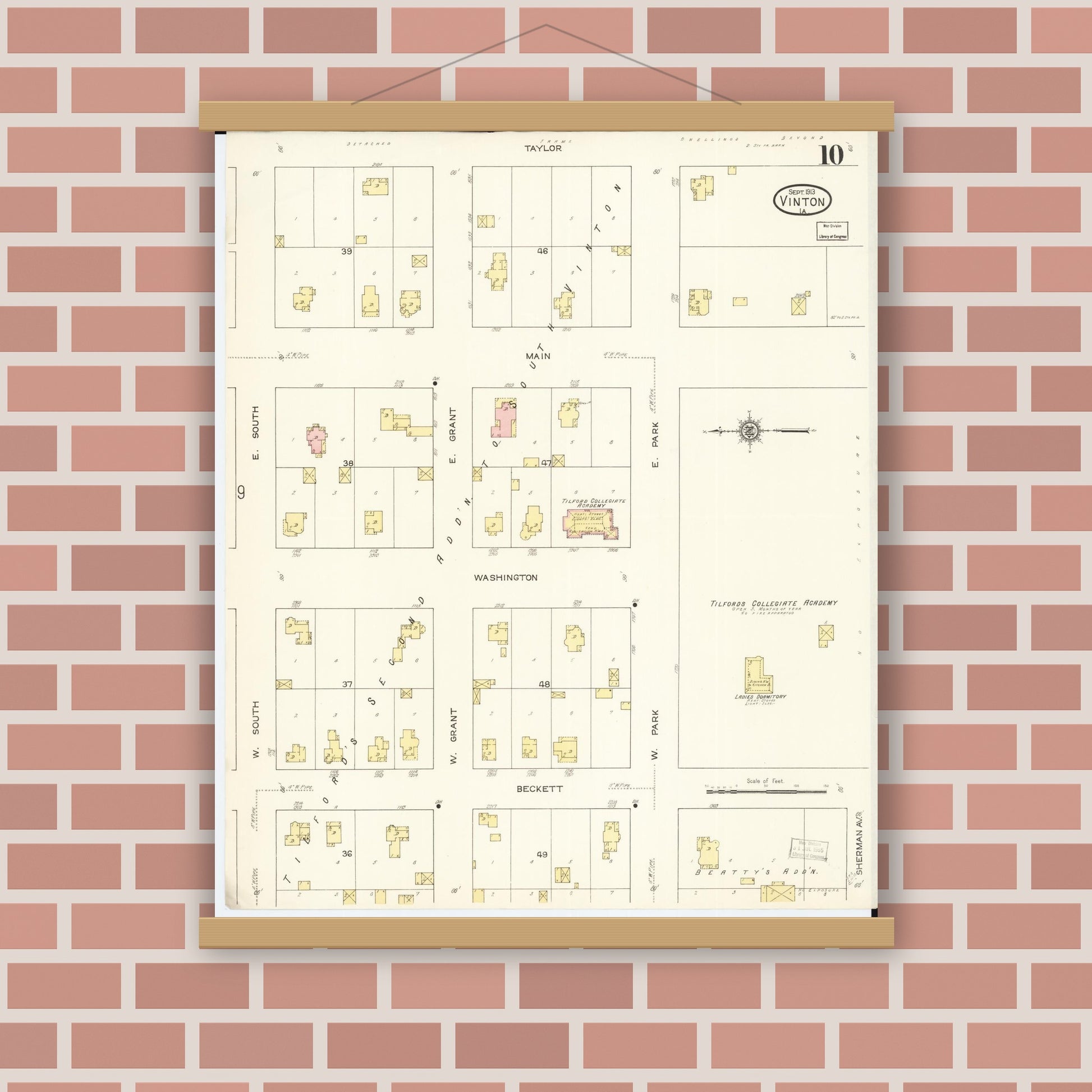 Old map wall art mockup — magnetic wood frame on brick wall — Sanborn Fire Insurance Map from Vinton, Benton County, Iowa (1913), Sheet #0010