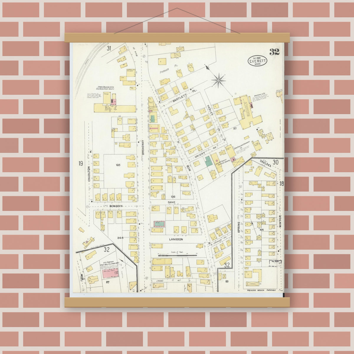 Old map wall art mockup — magnetic wood frame on brick wall — Sanborn Fire Insurance Map from Everett, Middlesex County, Massachusetts (1903), Sheet #0032