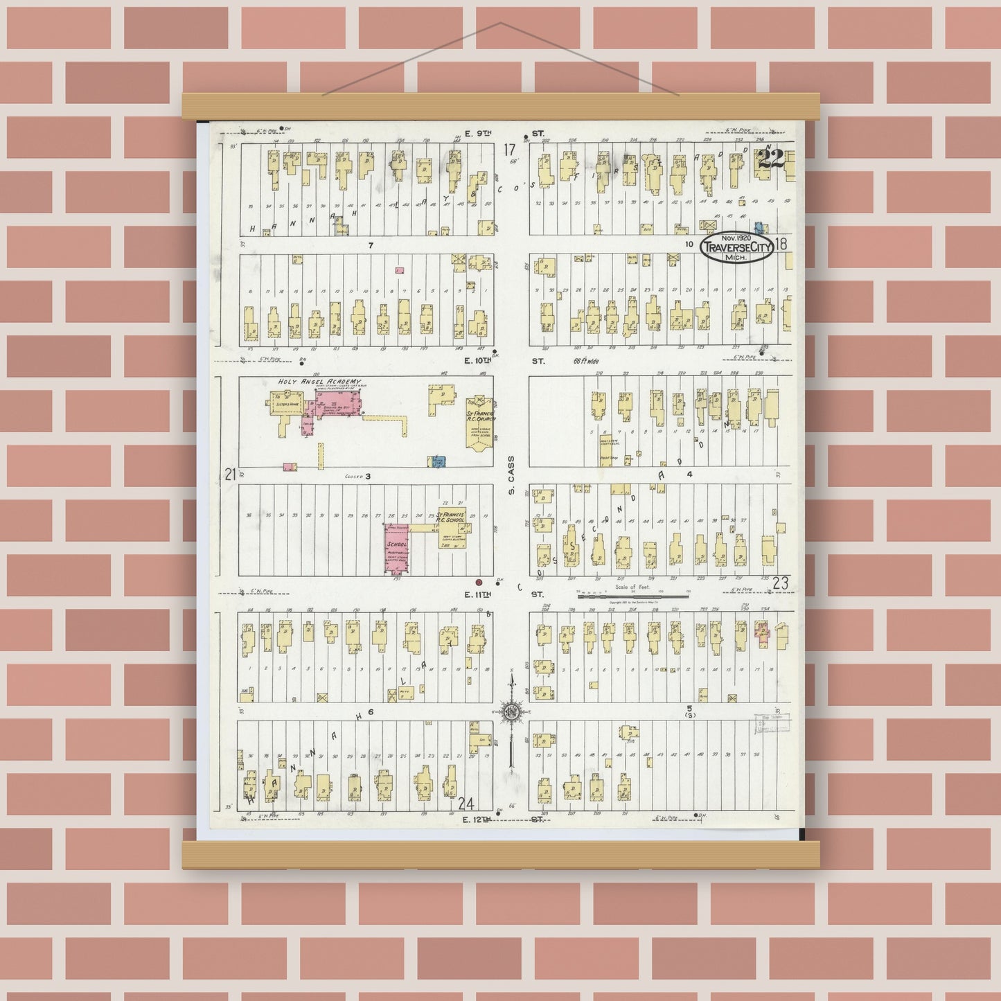 Old map wall art mockup — magnetic wood frame on brick wall — Sanborn Fire Insurance Map from Traverse City, Grand Traverse County, Michigan (1920), Sheet #0022
