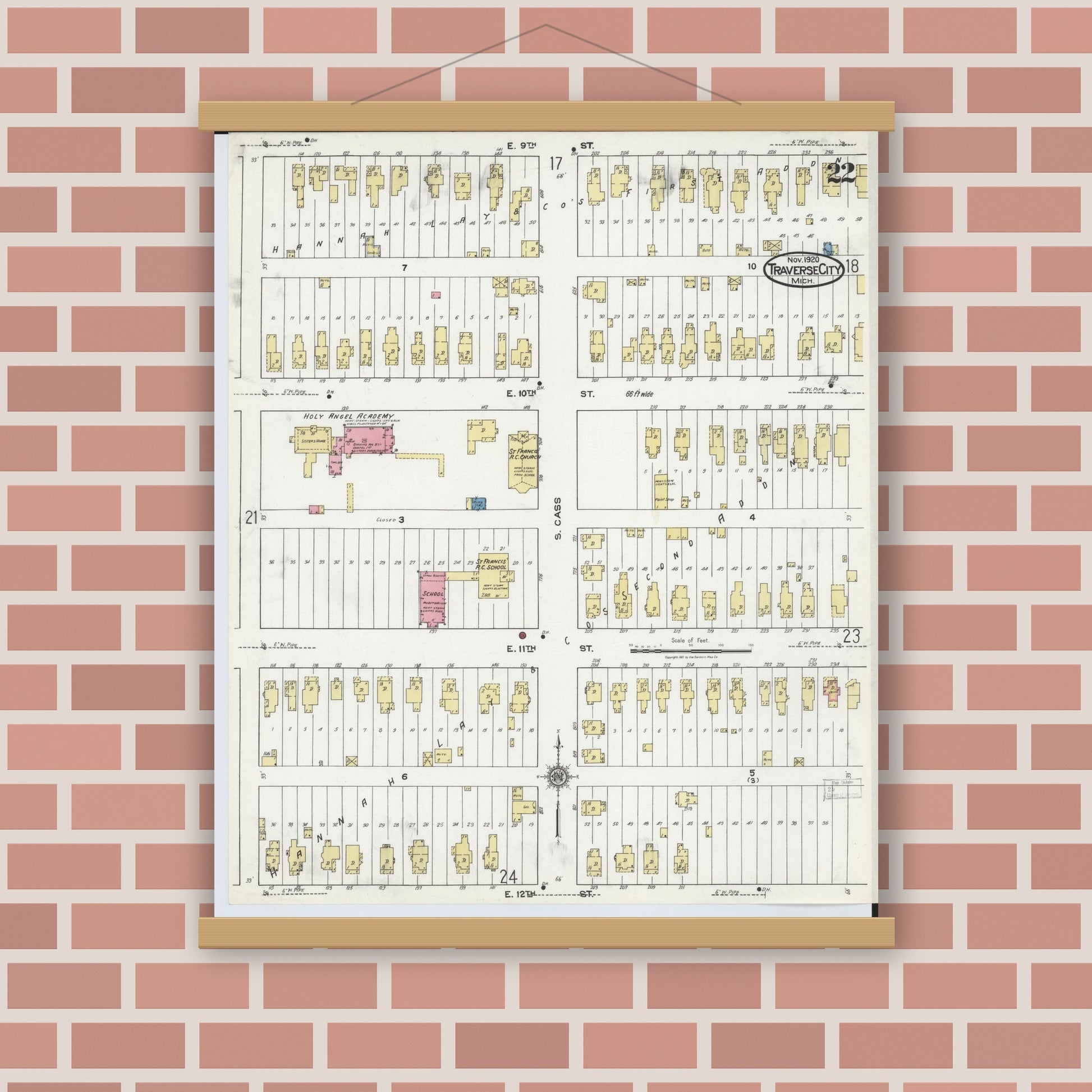 Old map wall art mockup — magnetic wood frame on brick wall — Sanborn Fire Insurance Map from Traverse City, Grand Traverse County, Michigan (1920), Sheet #0022