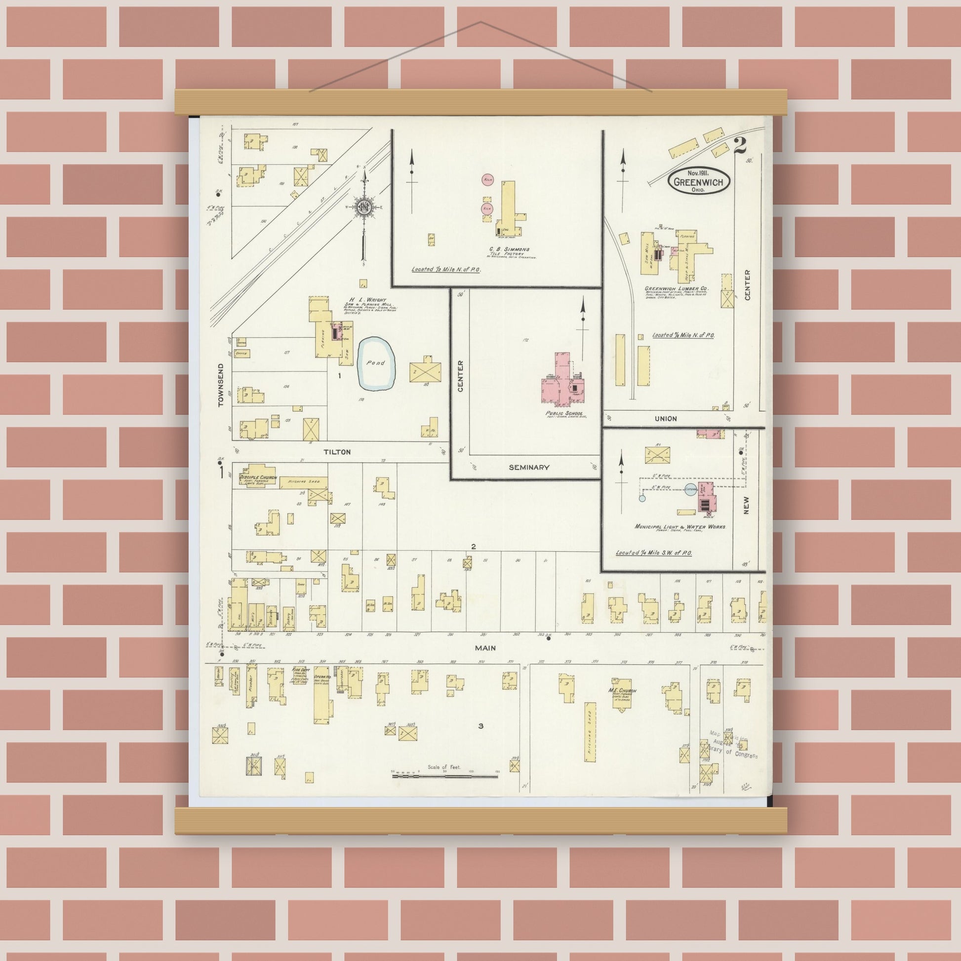 Old map wall art mockup — magnetic wood frame on brick wall — Sanborn Fire Insurance Map from Greenwich, Huron County, Ohio (1911), Sheet #0002