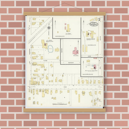 Old map wall art mockup — magnetic wood frame on brick wall — Sanborn Fire Insurance Map from Greenwich, Huron County, Ohio (1911), Sheet #0002