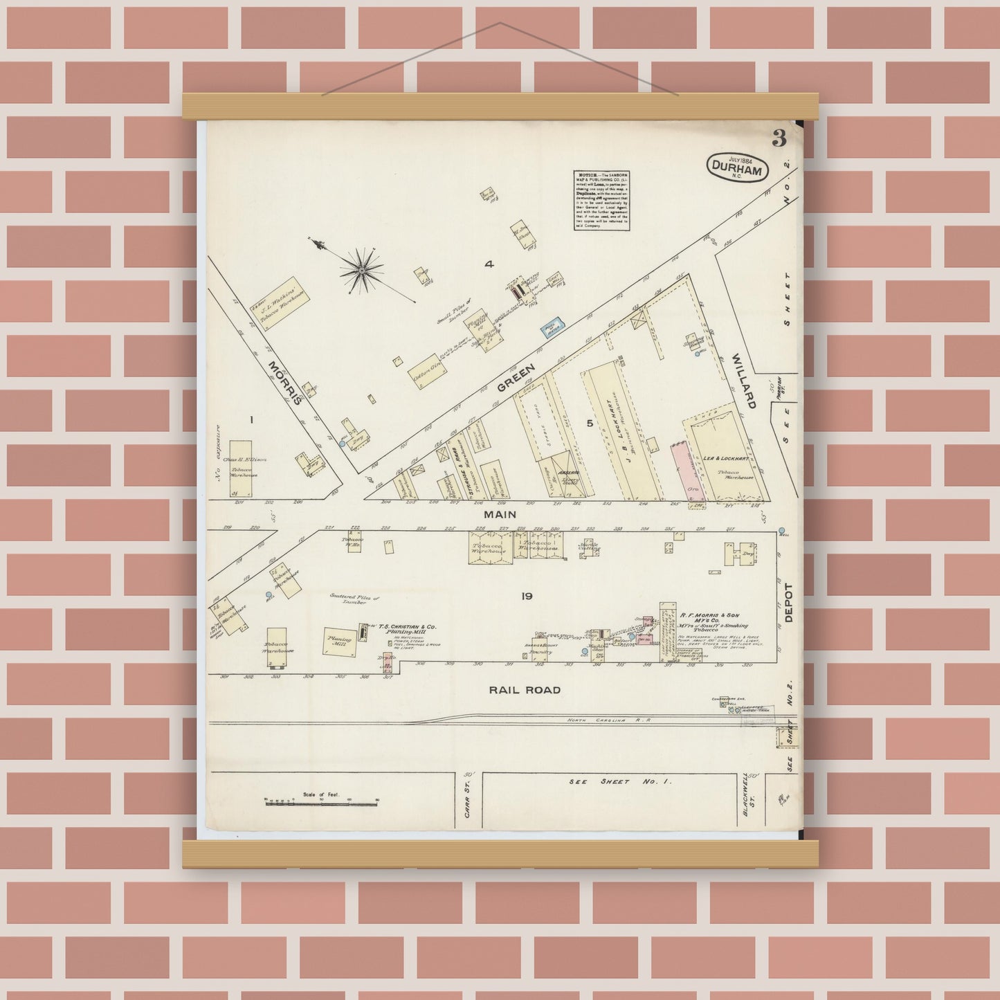 Old map wall art mockup — magnetic wood frame on brick wall — Sanborn Fire Insurance Map from Durham, Durham County, North Carolina (1884), Sheet #0003