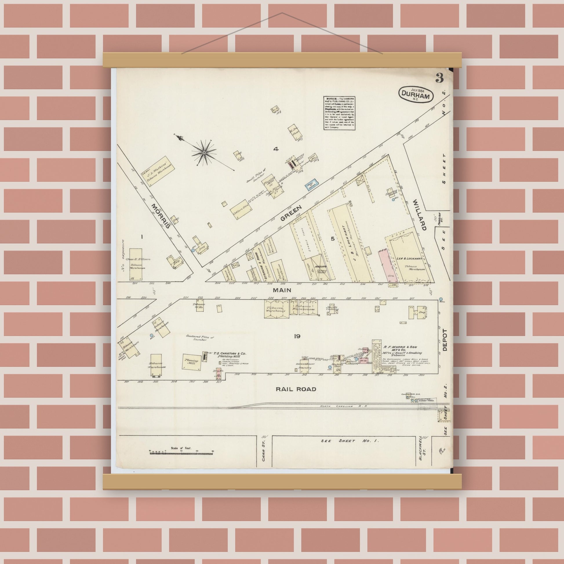 Old map wall art mockup — magnetic wood frame on brick wall — Sanborn Fire Insurance Map from Durham, Durham County, North Carolina (1884), Sheet #0003