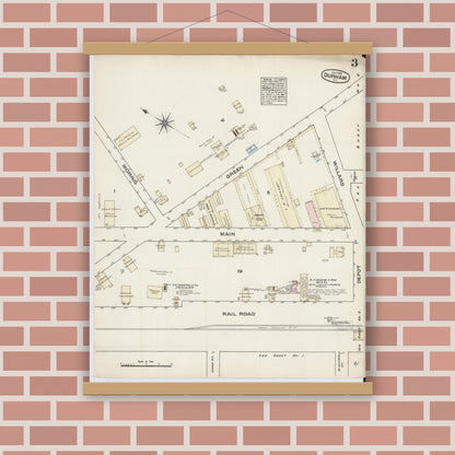 Old map wall art mockup — magnetic wood frame on brick wall — Sanborn Fire Insurance Map from Durham, Durham County, North Carolina (1884), Sheet #0003