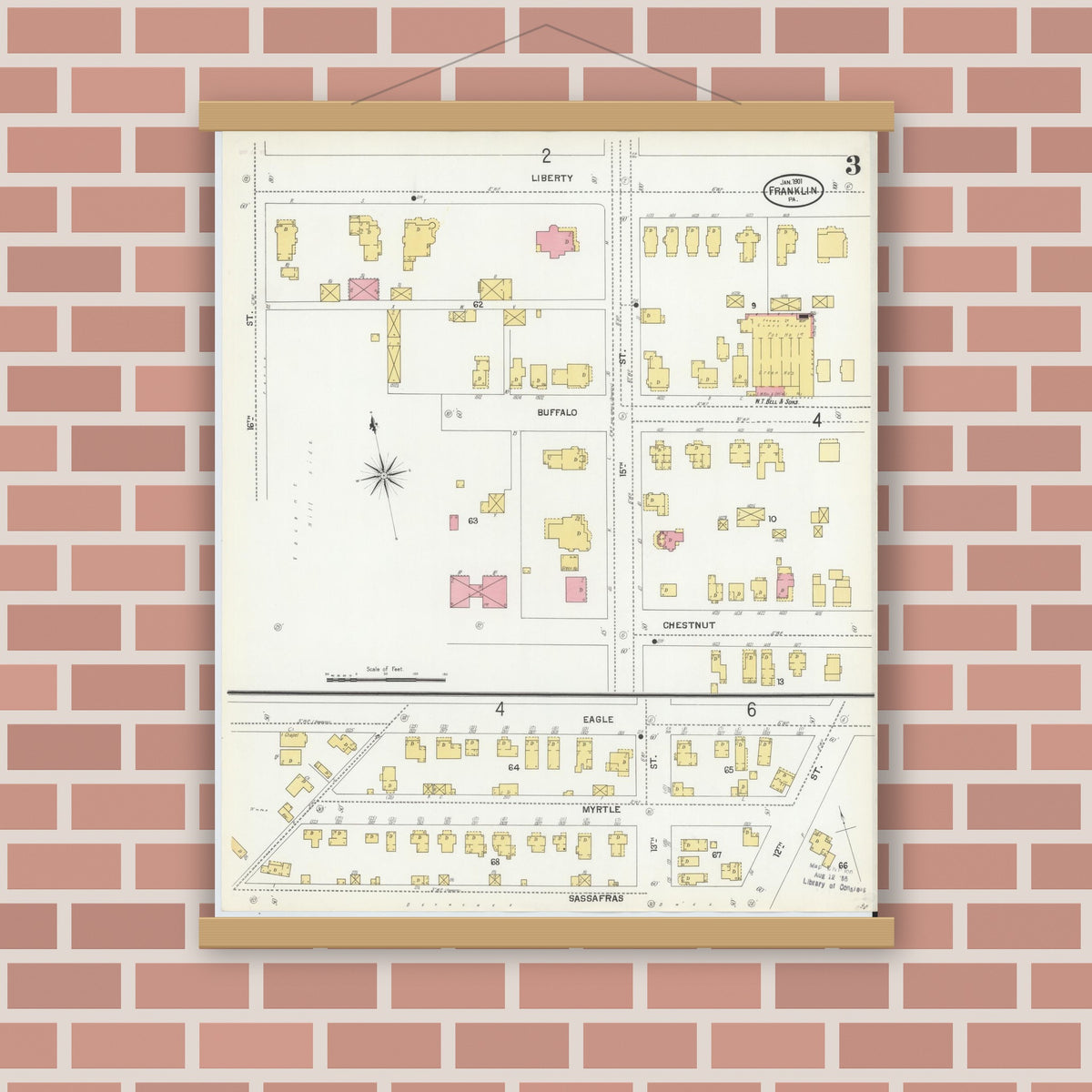 Old map wall art mockup — magnetic wood frame on brick wall — Sanborn Fire Insurance Map from Franklin, Venango County, Pennsylvania (1901), Sheet #0003
