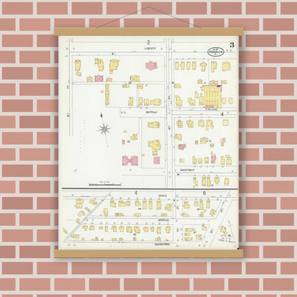 Old map wall art mockup — magnetic wood frame on brick wall — Sanborn Fire Insurance Map from Franklin, Venango County, Pennsylvania (1901), Sheet #0003