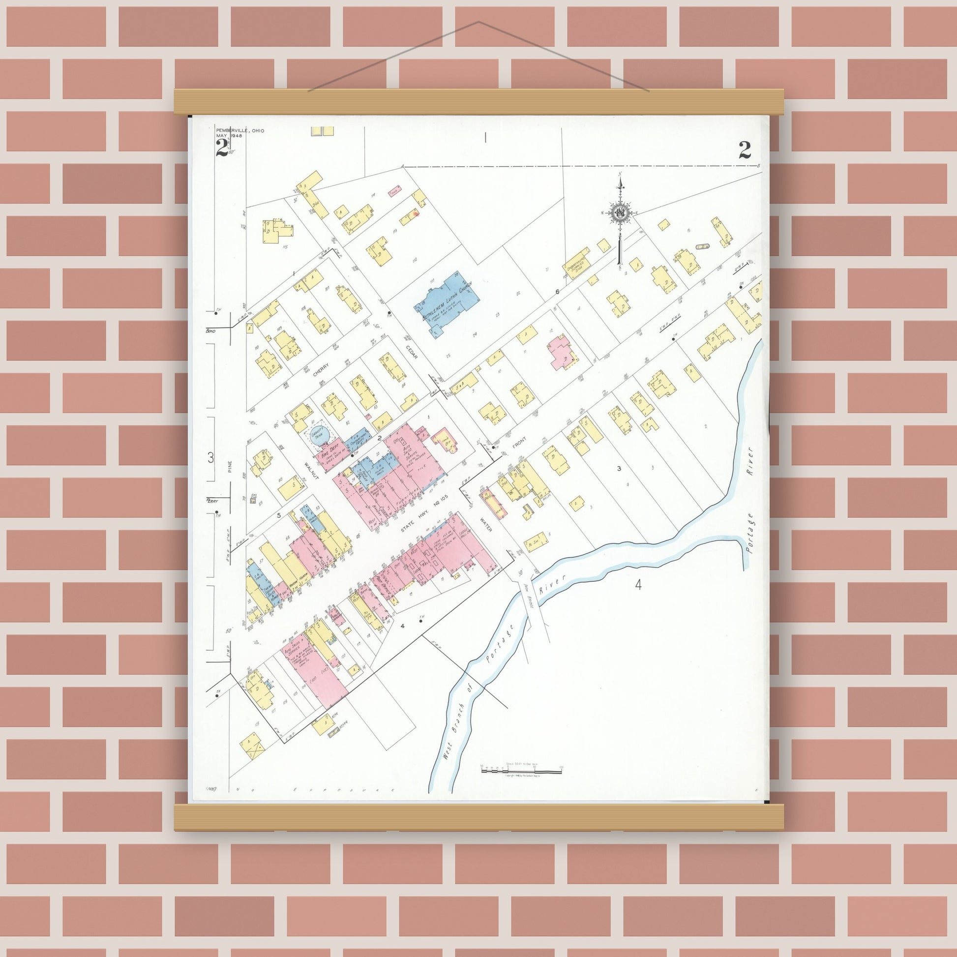 Old map wall art mockup — magnetic wood frame on brick wall — Sanborn Fire Insurance Map from Pemberville, Wood County, Ohio (1948), Sheet #0002