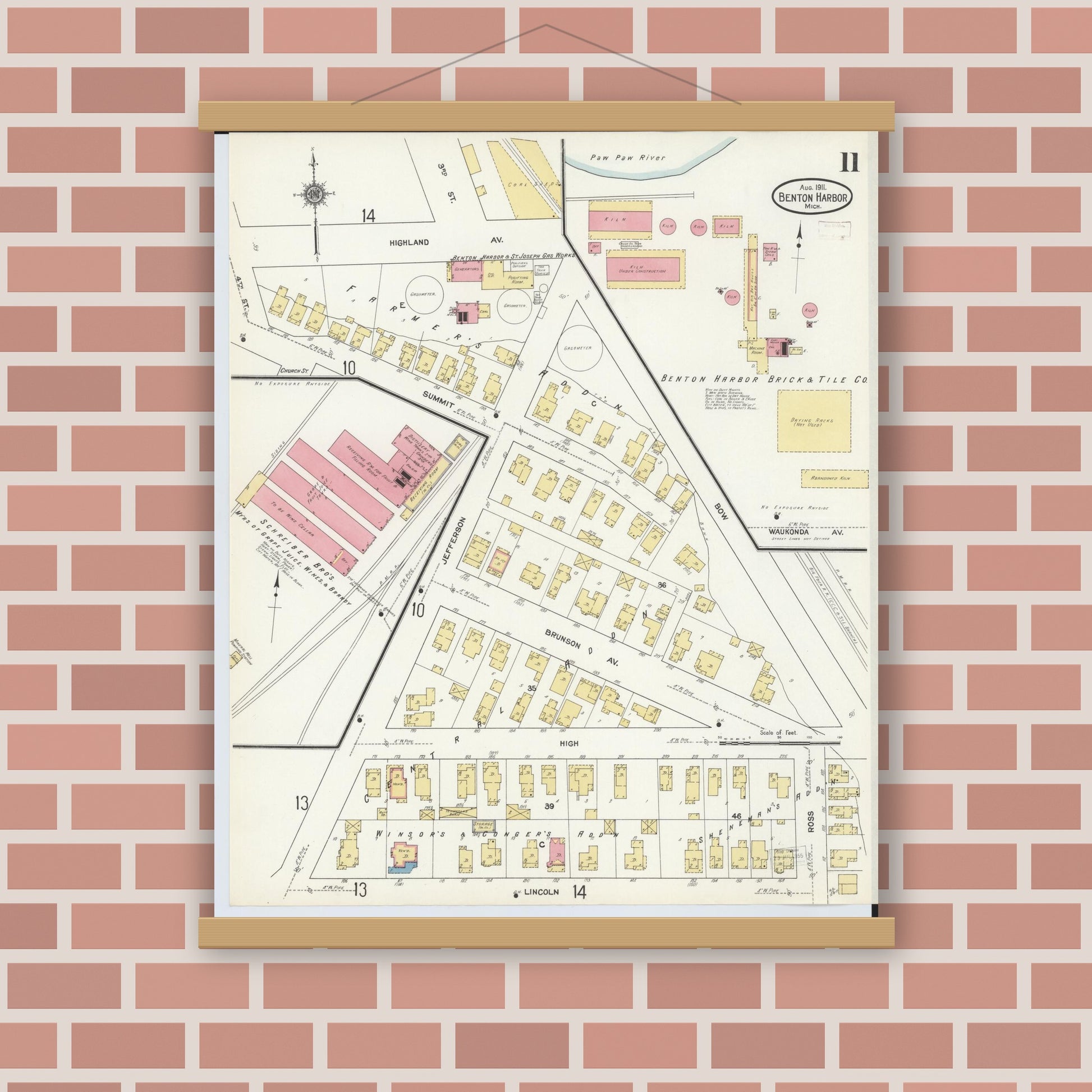 Old map wall art mockup — magnetic wood frame on brick wall — Sanborn Fire Insurance Map from Benton Harbor, Berrien County, Michigan (1911), Sheet #0011