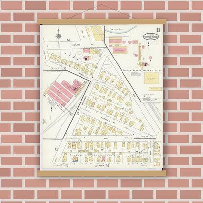 Old map wall art mockup — magnetic wood frame on brick wall — Sanborn Fire Insurance Map from Benton Harbor, Berrien County, Michigan (1911), Sheet #0011
