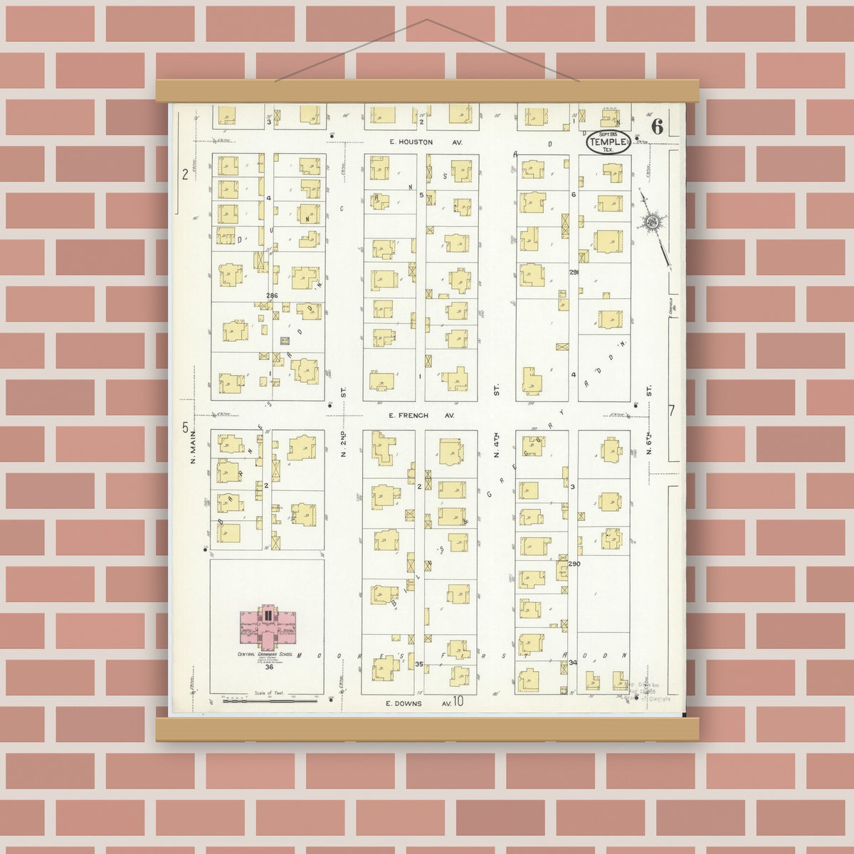 Old map wall art mockup — magnetic wood frame on brick wall — Sanborn Fire Insurance Map from Temple, Bell County, Texas (1915), Sheet #0006