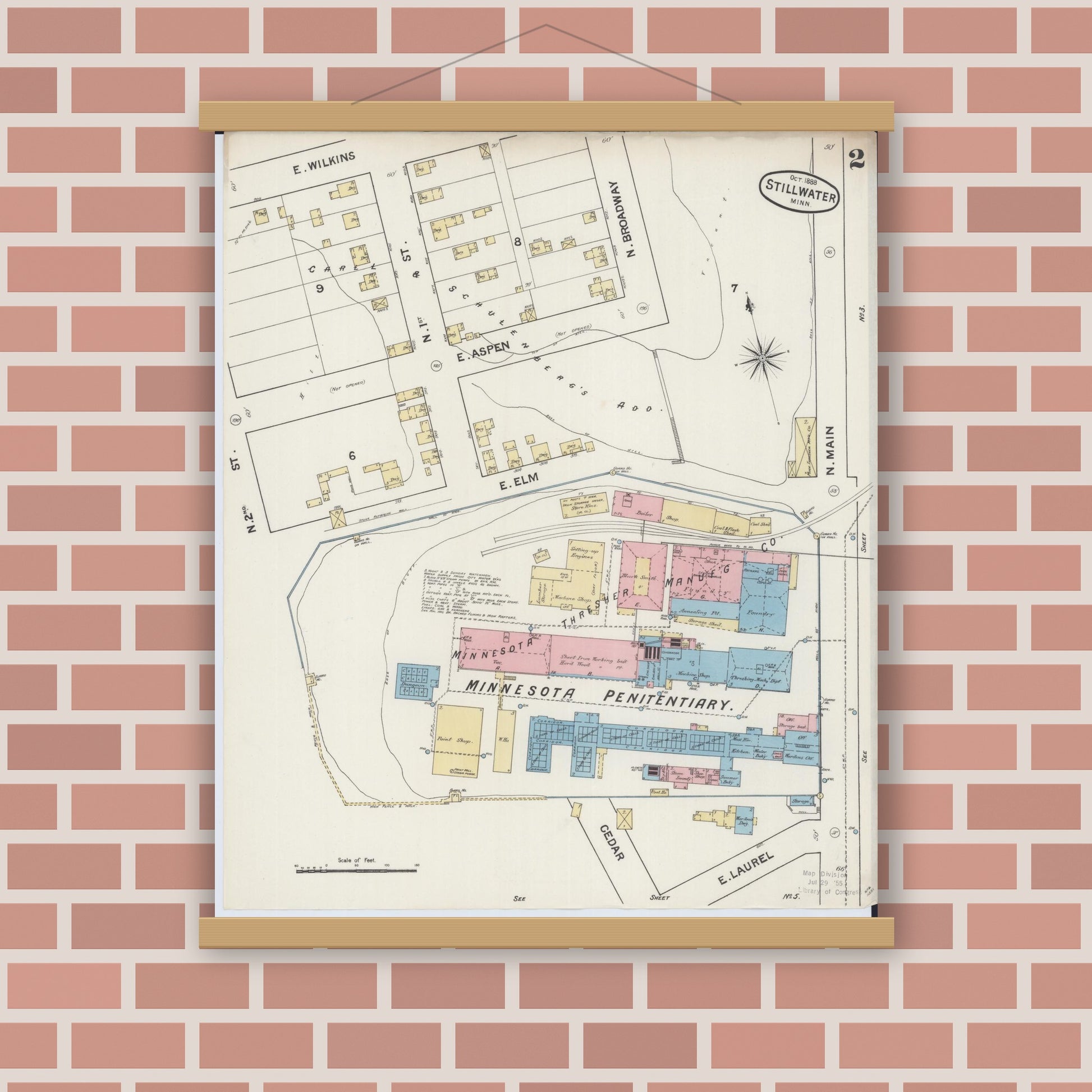 Old map wall art mockup — magnetic wood frame on brick wall — Sanborn Fire Insurance Map from Stillwater, Washington County, Minnesota (1888), Sheet #0002