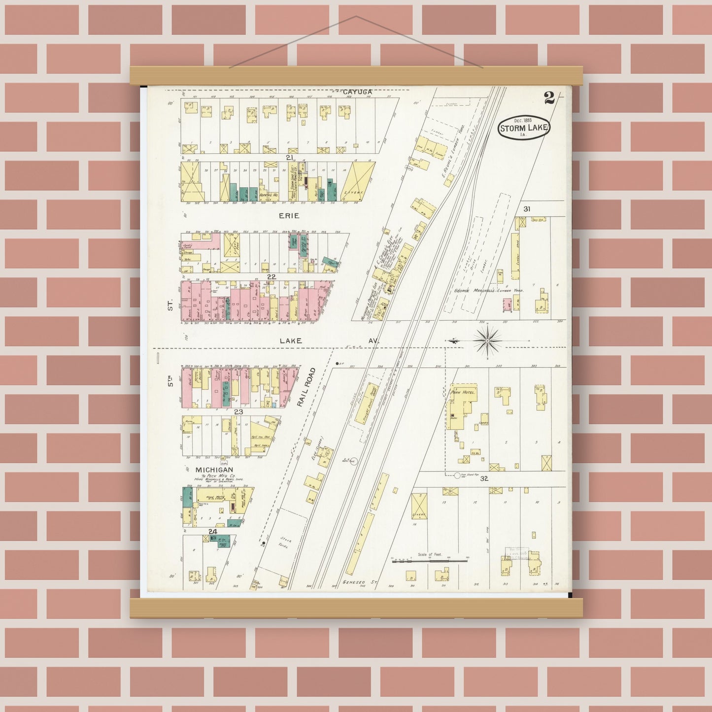 Old map wall art mockup — magnetic wood frame on brick wall — Sanborn Fire Insurance Map from Storm Lake, Buena Vista County, Iowa (1893), Sheet #0002