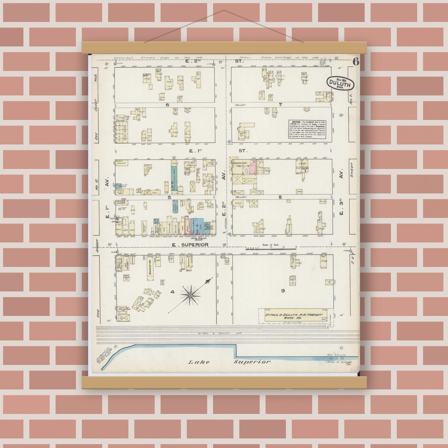 Old map wall art mockup — magnetic wood frame on brick wall — Sanborn Fire Insurance Map from Duluth, Saint Louis County, Minnesota (1884), Sheet #0006