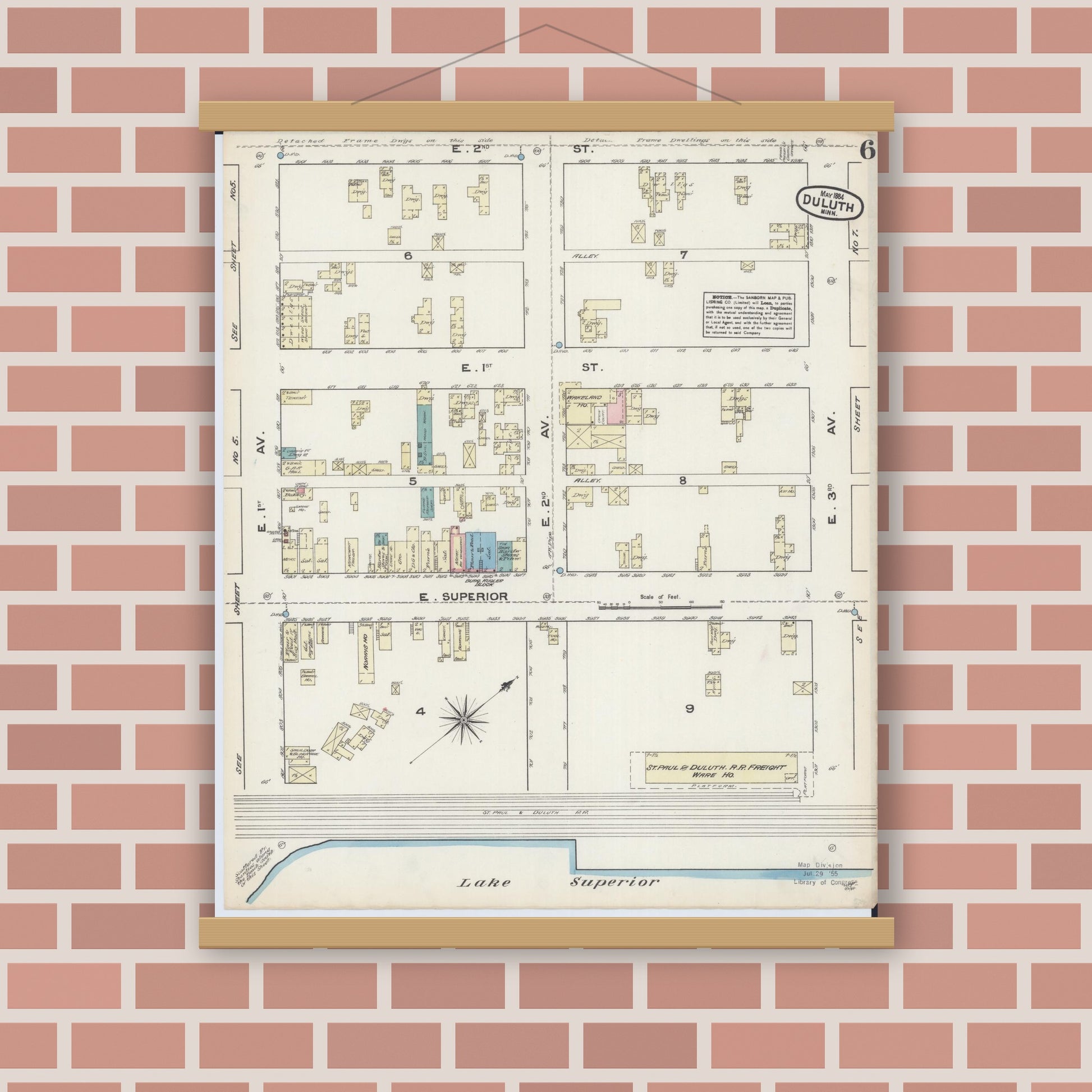 Old map wall art mockup — magnetic wood frame on brick wall — Sanborn Fire Insurance Map from Duluth, Saint Louis County, Minnesota (1884), Sheet #0006