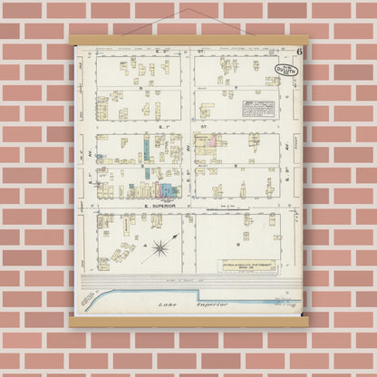 Old map wall art mockup — magnetic wood frame on brick wall — Sanborn Fire Insurance Map from Duluth, Saint Louis County, Minnesota (1884), Sheet #0006