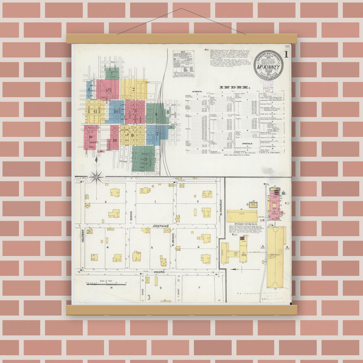 Old map wall art mockup — magnetic wood frame on brick wall — Sanborn Fire Insurance Map from McKinney, Collin County, Texas (1902) - Complete Map Set