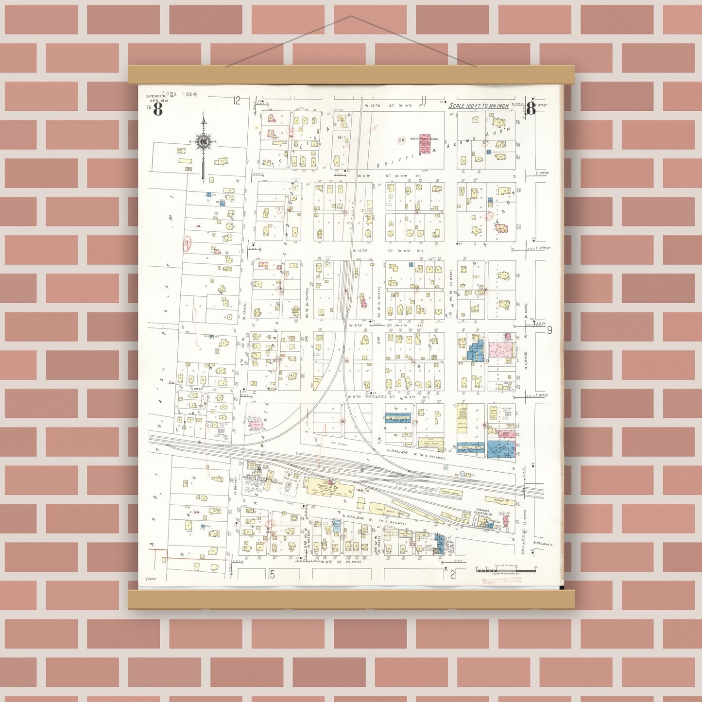 Old map wall art mockup — magnetic wood frame on brick wall — Sanborn Fire Insurance Map from Spencer, Clay County, Iowa (1946), Sheet #0008