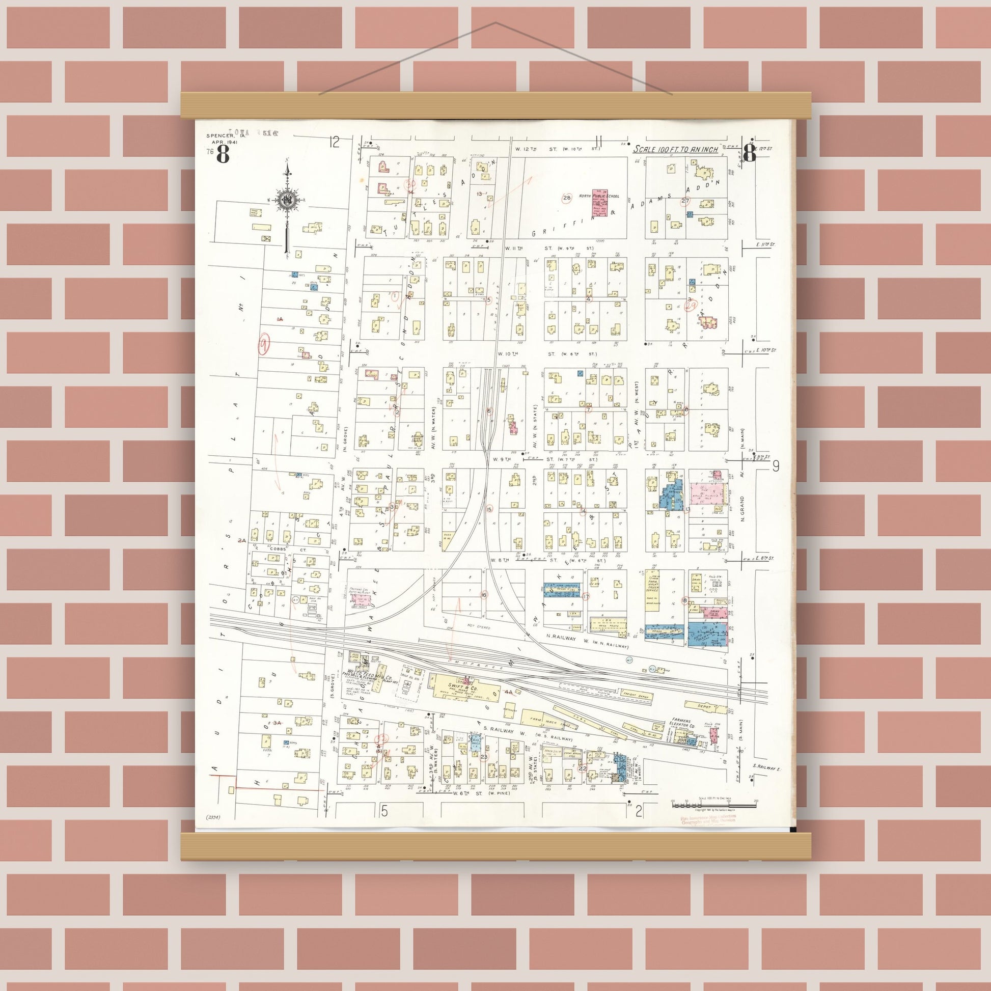Old map wall art mockup — magnetic wood frame on brick wall — Sanborn Fire Insurance Map from Spencer, Clay County, Iowa (1946), Sheet #0008