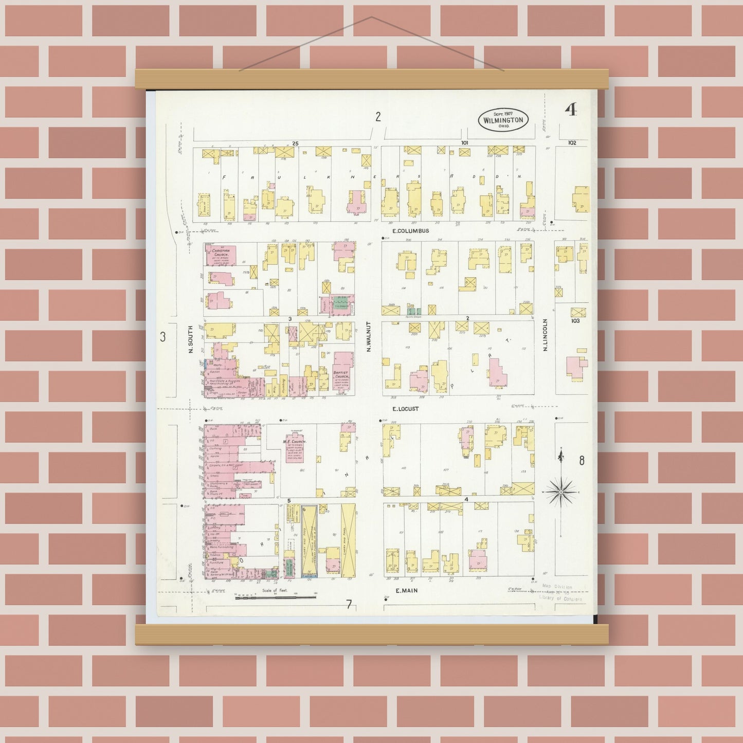 Old map wall art mockup — magnetic wood frame on brick wall — Sanborn Fire Insurance Map from Wilmington, Clinton County, Ohio (1907), Sheet #0004