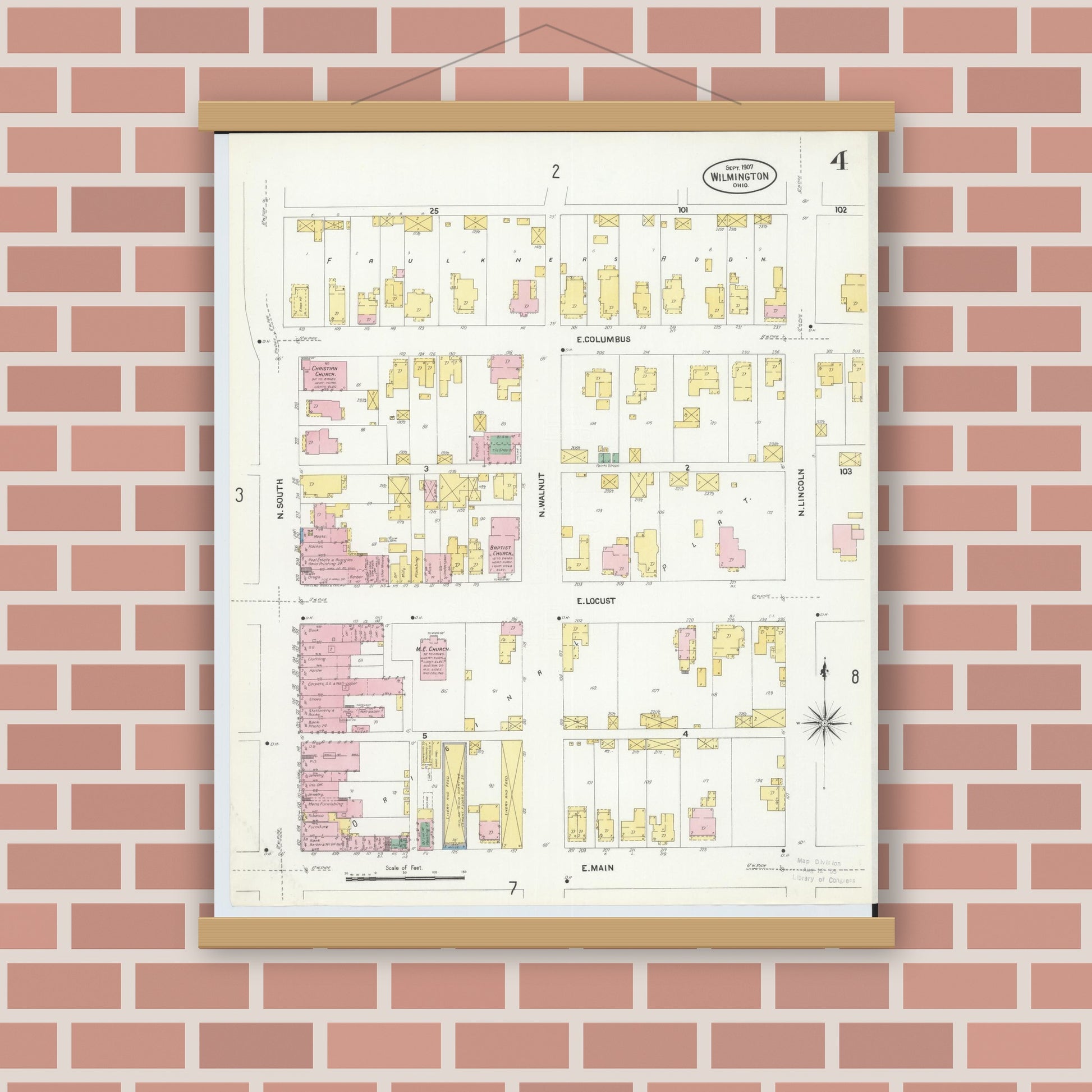 Old map wall art mockup — magnetic wood frame on brick wall — Sanborn Fire Insurance Map from Wilmington, Clinton County, Ohio (1907), Sheet #0004