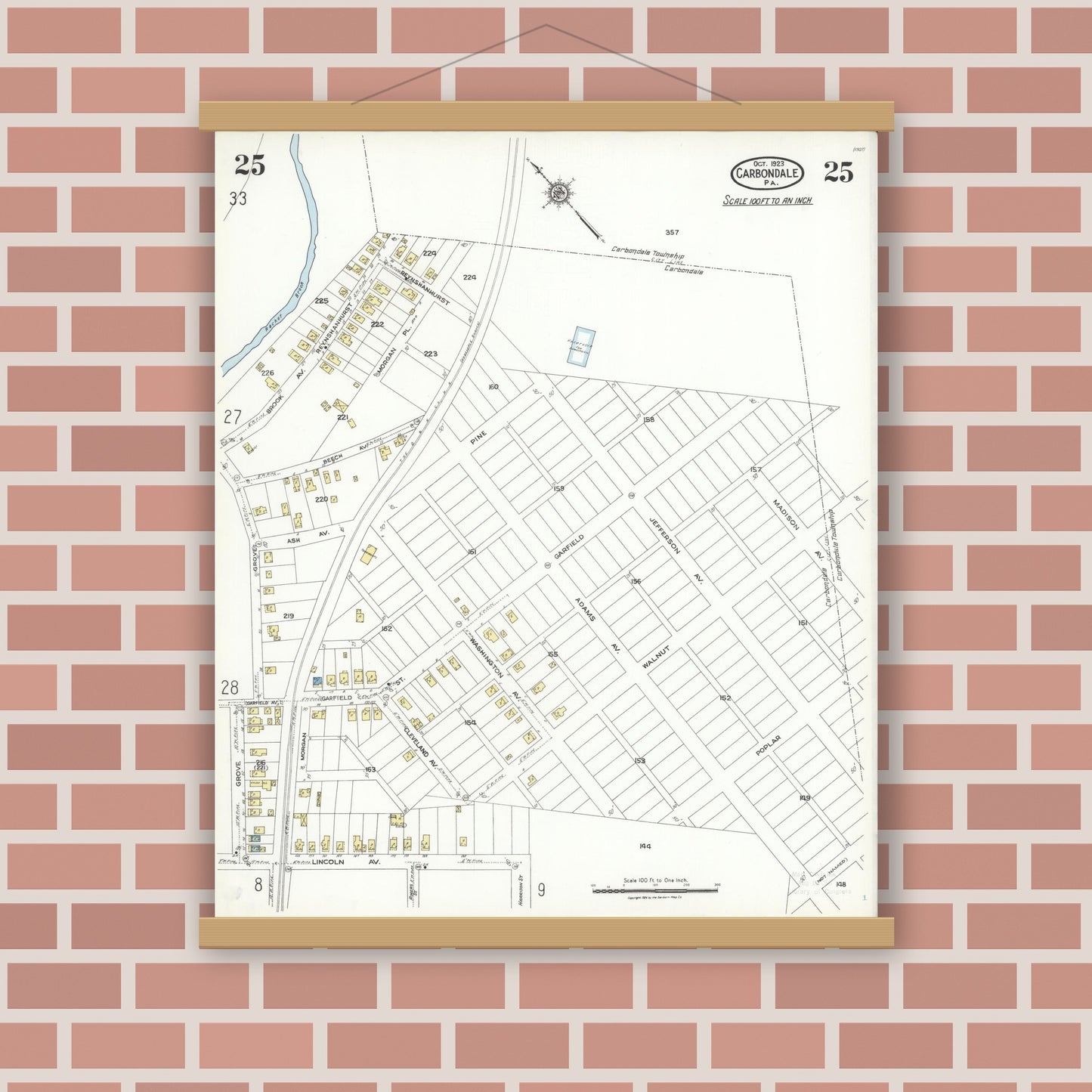 Old map wall art mockup — magnetic wood frame on brick wall — Sanborn Fire Insurance Map from Carbondale, Lackawanna County, Pennsylvania (1923), Sheet #0025