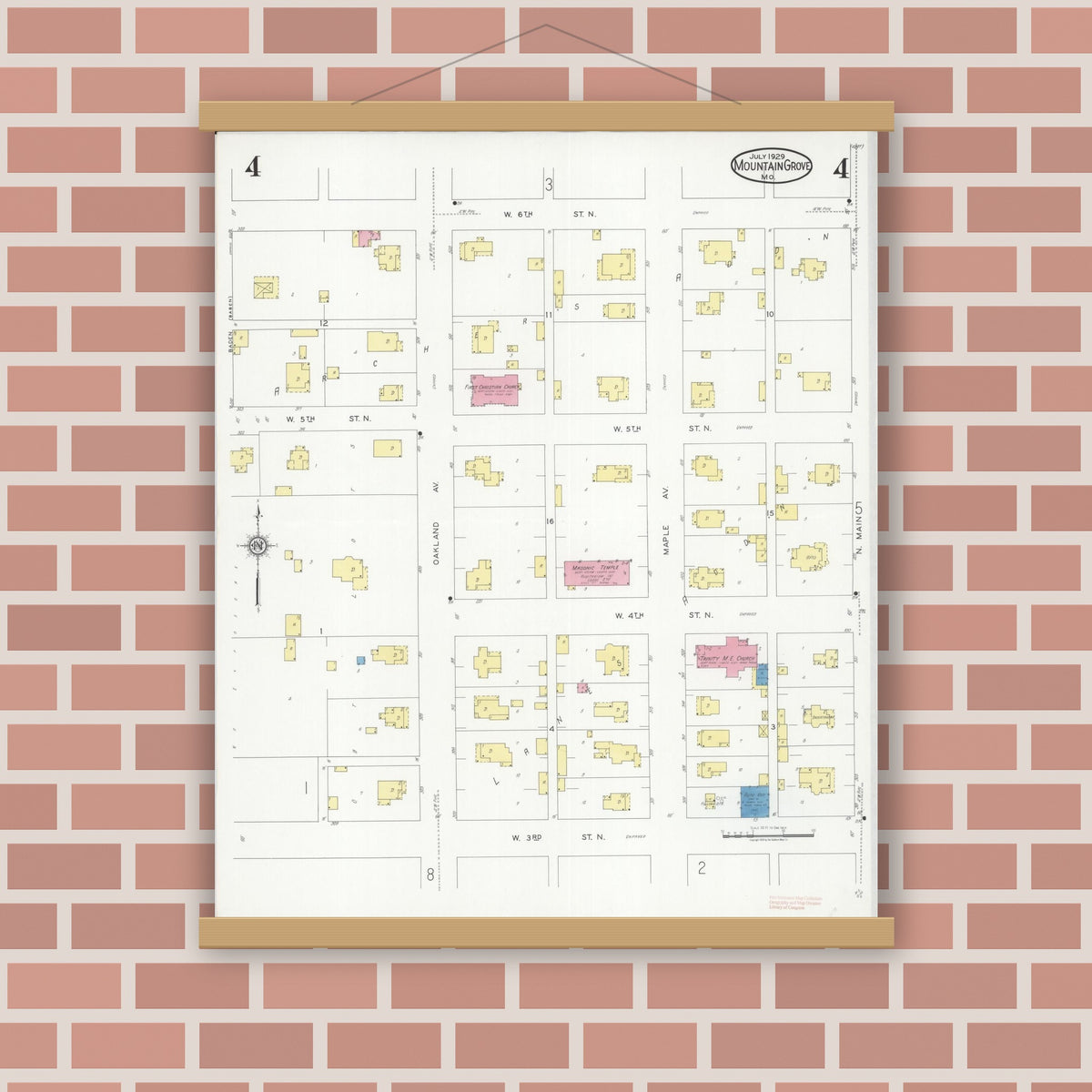 Old map wall art mockup — magnetic wood frame on brick wall — Sanborn Fire Insurance Map from Mountain Grove, Wright County, Missouri (1929), Sheet #0004