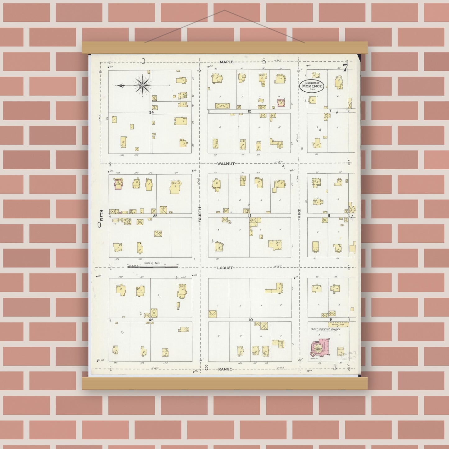 Old map wall art mockup — magnetic wood frame on brick wall — Sanborn Fire Insurance Map from Momence, Kankakee County, Illinois (1907), Sheet #0007