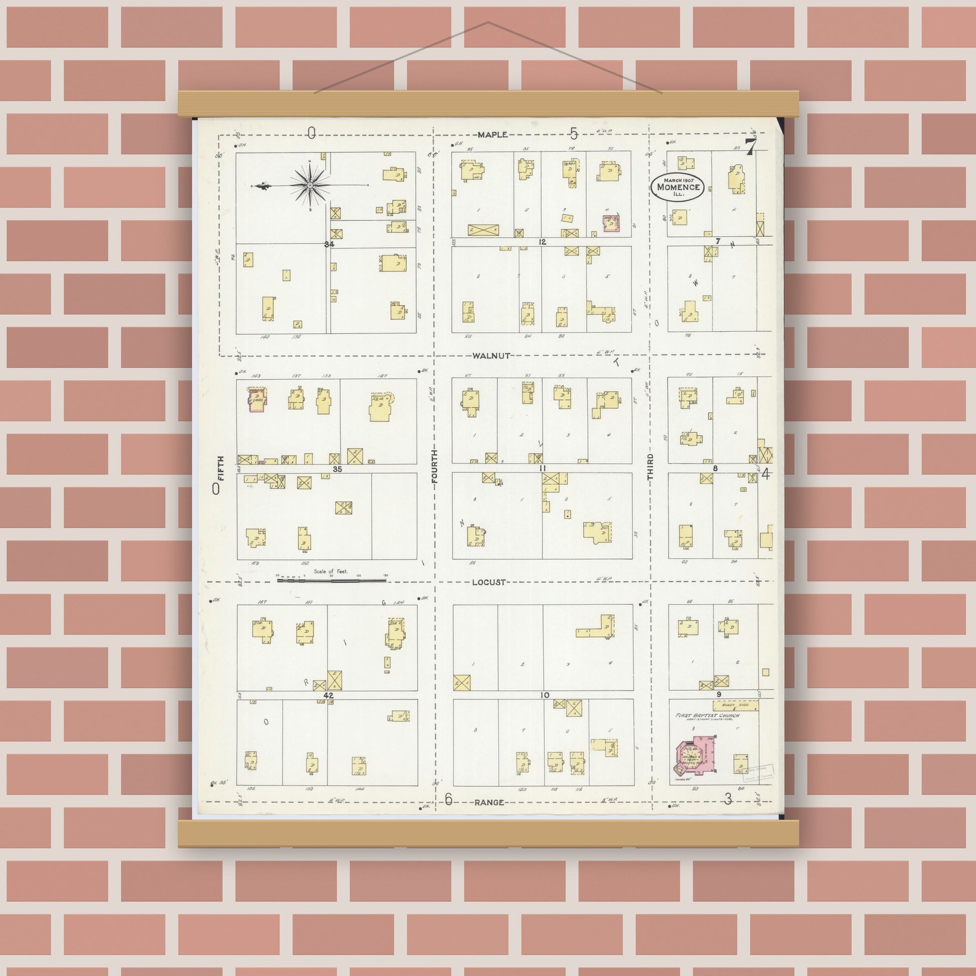 Old map wall art mockup — magnetic wood frame on brick wall — Sanborn Fire Insurance Map from Momence, Kankakee County, Illinois (1907), Sheet #0007