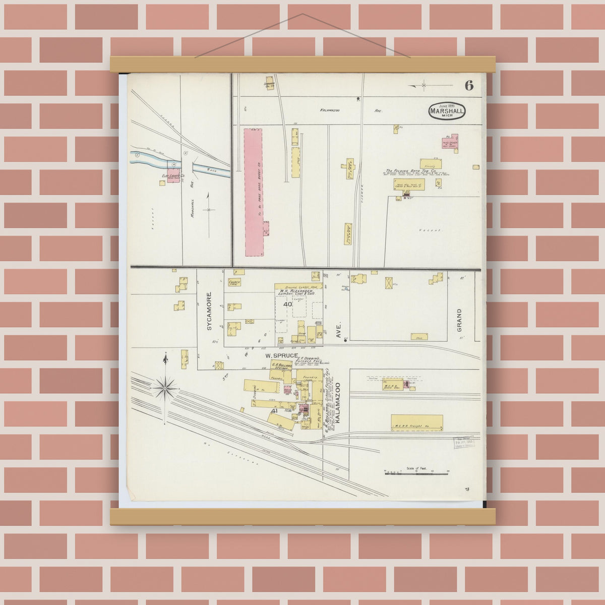 Old map wall art mockup — magnetic wood frame on brick wall — Sanborn Fire Insurance Map from Marshall, Calhoun County, Michigan (1893), Sheet #0006