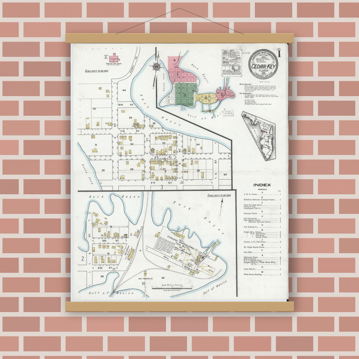 Old map wall art mockup — magnetic wood frame on brick wall — Sanborn Fire Insurance Map from Cedar Key, Levy County, Florida (1920), Sheet #0001