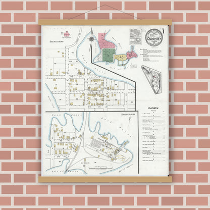 Old map wall art mockup — magnetic wood frame on brick wall — Sanborn Fire Insurance Map from Cedar Key, Levy County, Florida (1920), Sheet #0001