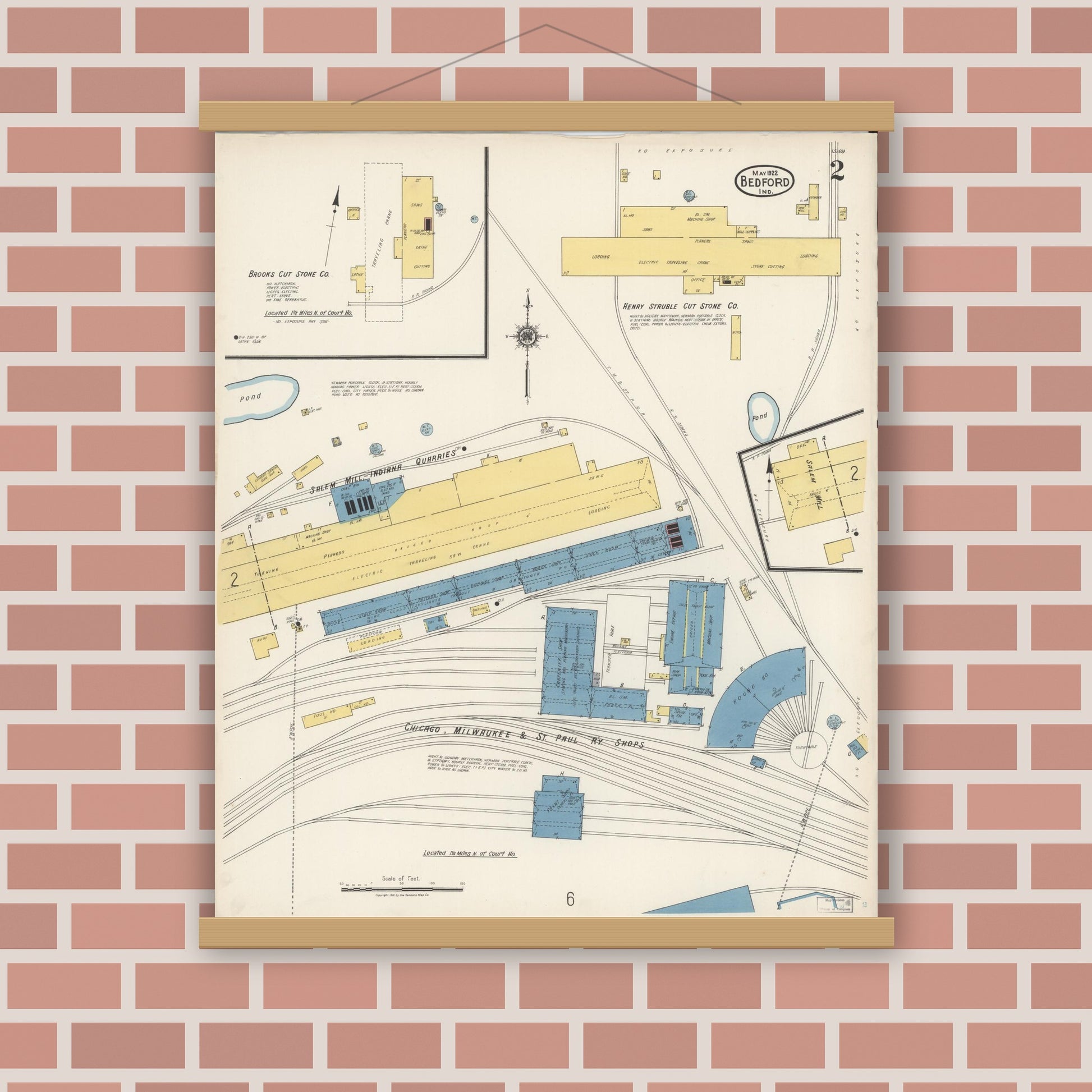 Old map wall art mockup — magnetic wood frame on brick wall — Sanborn Fire Insurance Map from Bedford, Lawrence County, Indiana (1922), Sheet #0002
