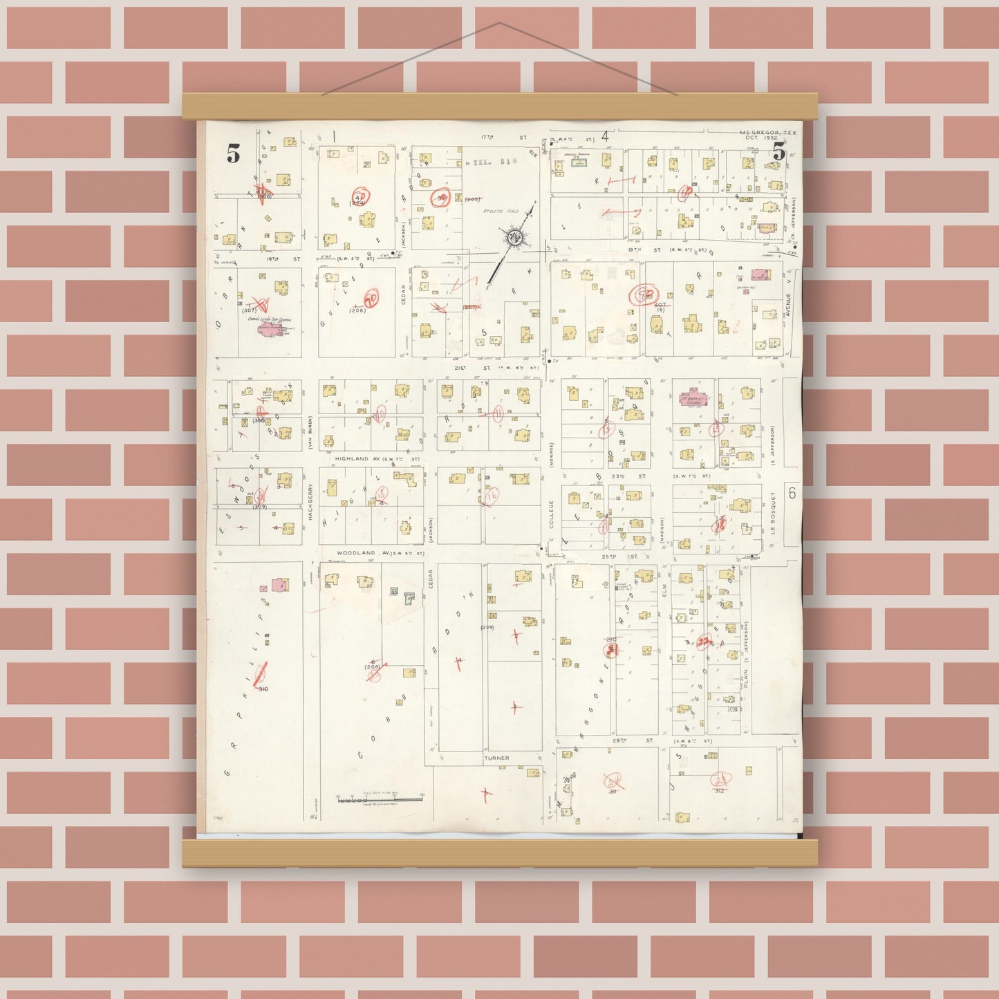 Old map wall art mockup — magnetic wood frame on brick wall — Sanborn Fire Insurance Map from McGregor, McLennan County, Texas (1942), Sheet #0005
