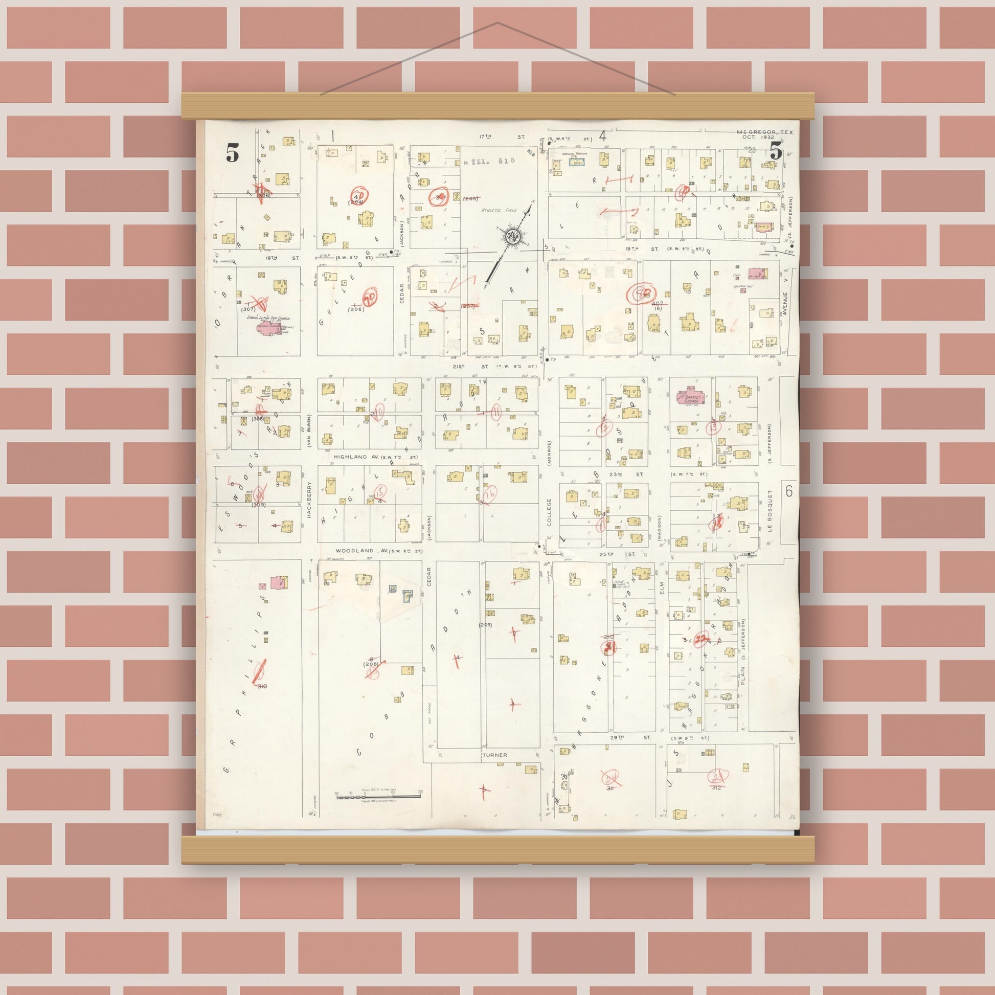 Old map wall art mockup — magnetic wood frame on brick wall — Sanborn Fire Insurance Map from McGregor, McLennan County, Texas (1942), Sheet #0005