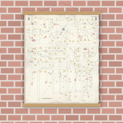 Old map wall art mockup — magnetic wood frame on brick wall — Sanborn Fire Insurance Map from McGregor, McLennan County, Texas (1942), Sheet #0005