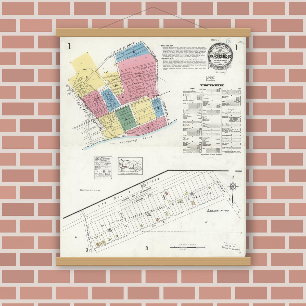 Old map wall art mockup — magnetic wood frame on brick wall — Sanborn Fire Insurance Map from Brackenridge, Allegheny County, Pennsylvania (1924), Sheet #0001