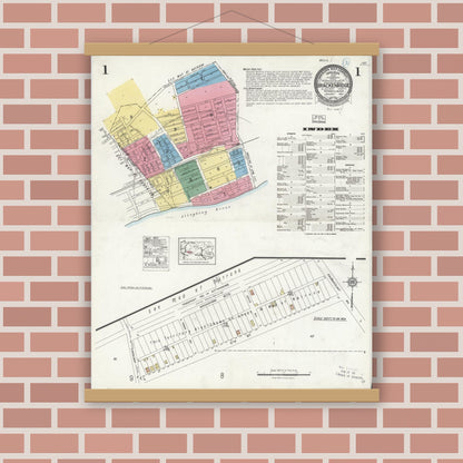 Old map wall art mockup — magnetic wood frame on brick wall — Sanborn Fire Insurance Map from Brackenridge, Allegheny County, Pennsylvania (1924), Sheet #0001