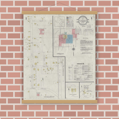 Old map wall art mockup — magnetic wood frame on brick wall — Sanborn Fire Insurance Map from San Augustine, San Augustine County, Texas (1937), Sheet #0001