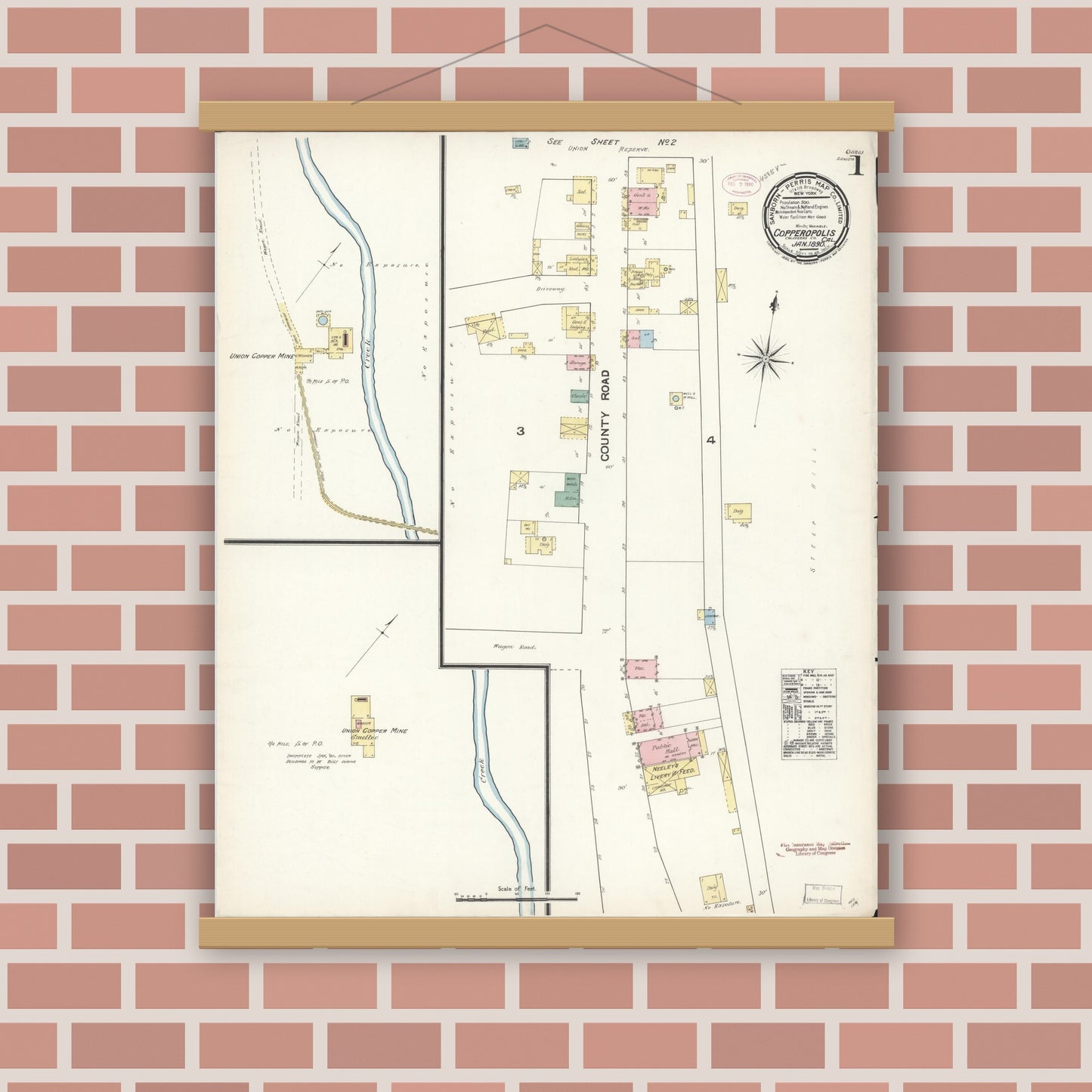 Old map wall art mockup — magnetic wood frame on brick wall — Sanborn Fire Insurance Map from Copperopolis, Calaveras County, California (1890) - Complete Map Set