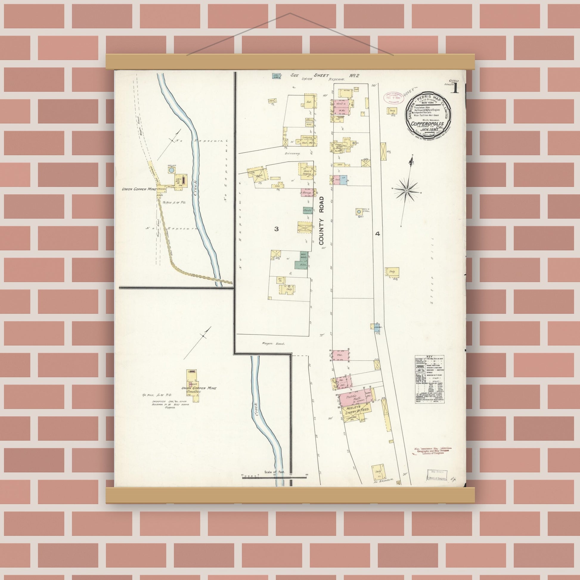 Old map wall art mockup — magnetic wood frame on brick wall — Sanborn Fire Insurance Map from Copperopolis, Calaveras County, California (1890) - Complete Map Set